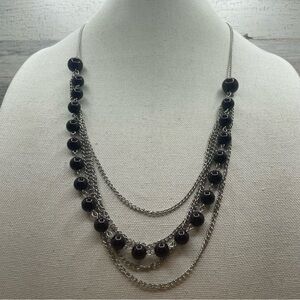 Cute Unsigned Silver Tone Brown Acrylic Pearl Multi Layer Chain Necklace
